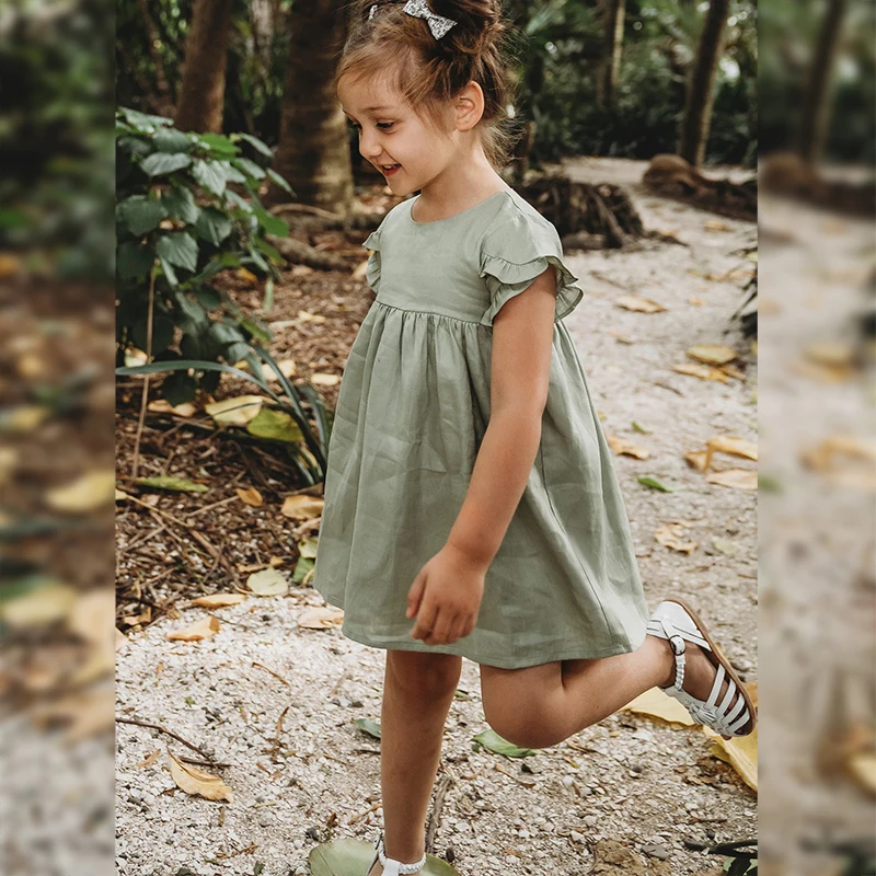 55% Linen 45% Cotton Short Sleeve Girls Dress 2022 Summer New Cute Little Girl Casual Sweet Petal Sleeve Princess Dresses TZ055