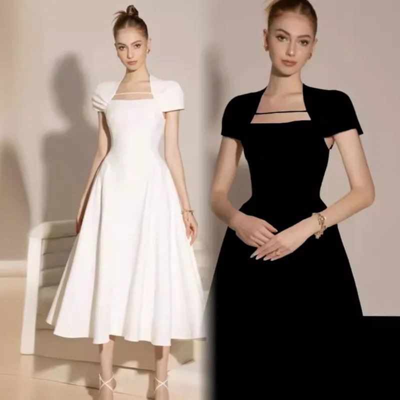 女性のためのエレガントなハイウエストイブニングドレス,スクエアカラー,パッチワークデザイン,新しい秋のファッション,2024