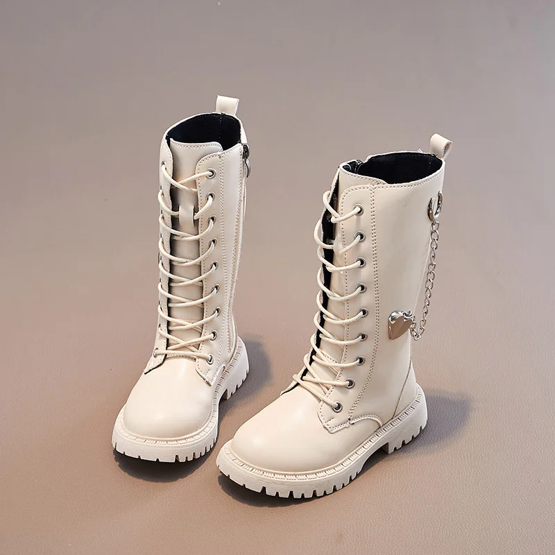 Girls Boots Winter 2023 New Korean Style Britain Style Children Fashion Versatile Soft Princess Shoes High Boots Chains Love PU