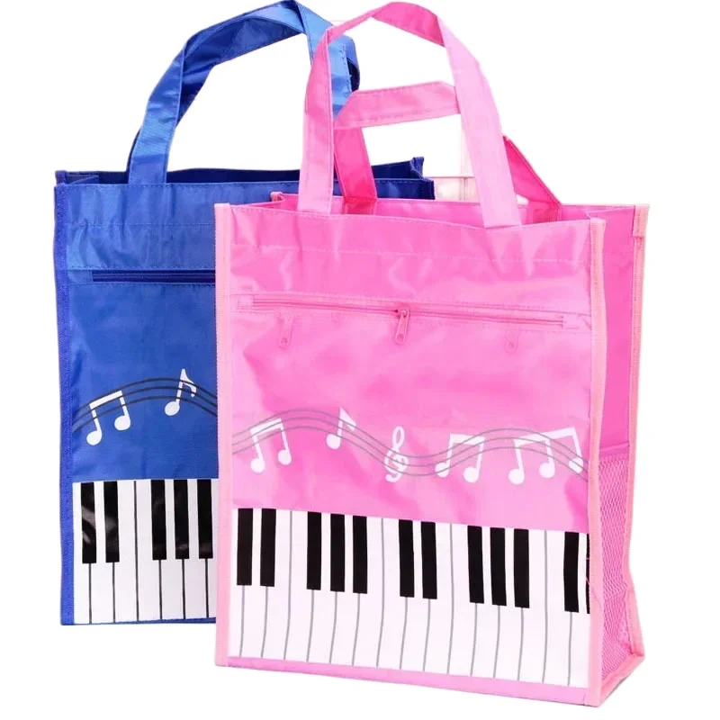 Piano Music Note Pattern Handbag Tutorial Bag with Side Mesh Pocket Student Portable Book Stationery Pencil Bag File Bag