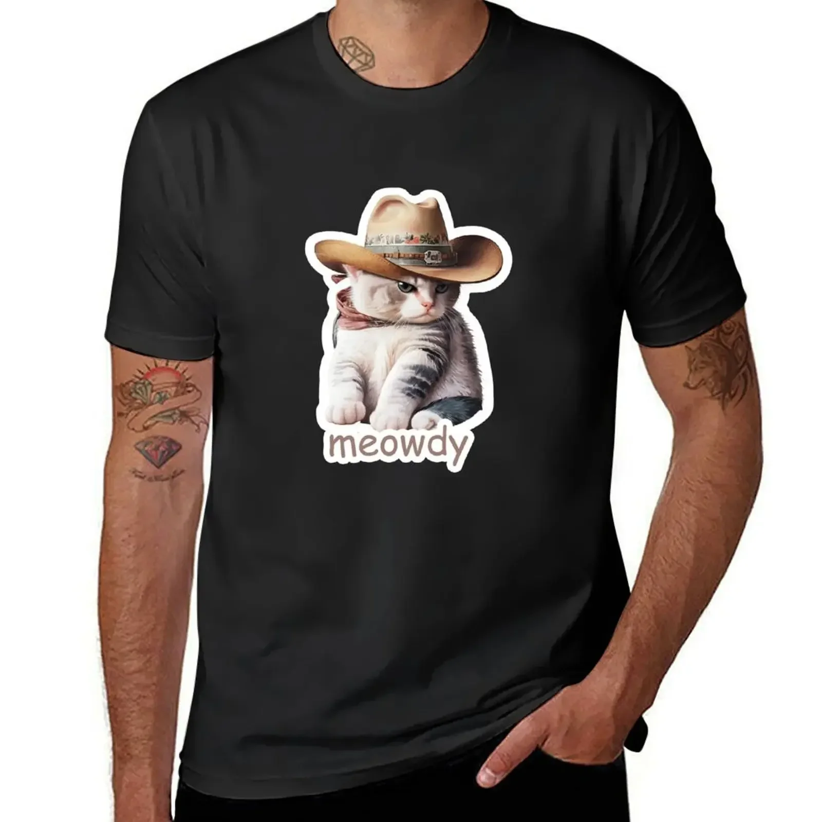 Meowdy Partner Cat Wearing a Cowboy Hat T-Shirt shirts graphic tees tees clothing for men