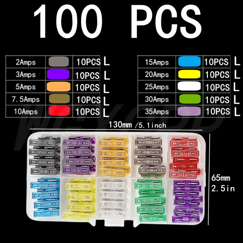 50/100 Pcs Automotive Fuse Kit, Medium Size, Blade Type for Marine Use, Automotive, 2A 3A 5A 7.5A 10A 15A 20A 25A 30A 35A