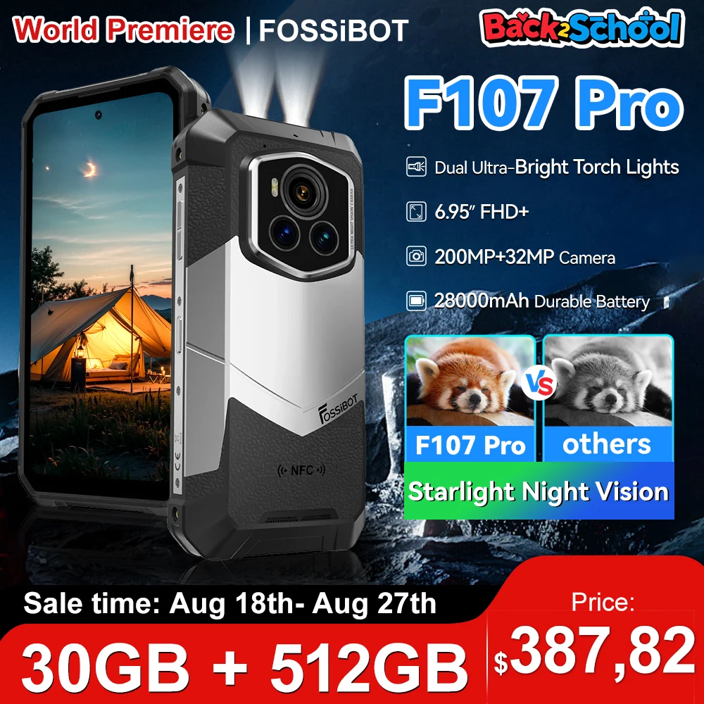 Прочный мобильный телефон Fossibot F107 Pro 30 (12+18)Go+512Go Android 15 28000 мАч 66 Вт 200 МП + 32 МП 5G NFC/GPS Двойные яркие фонарики