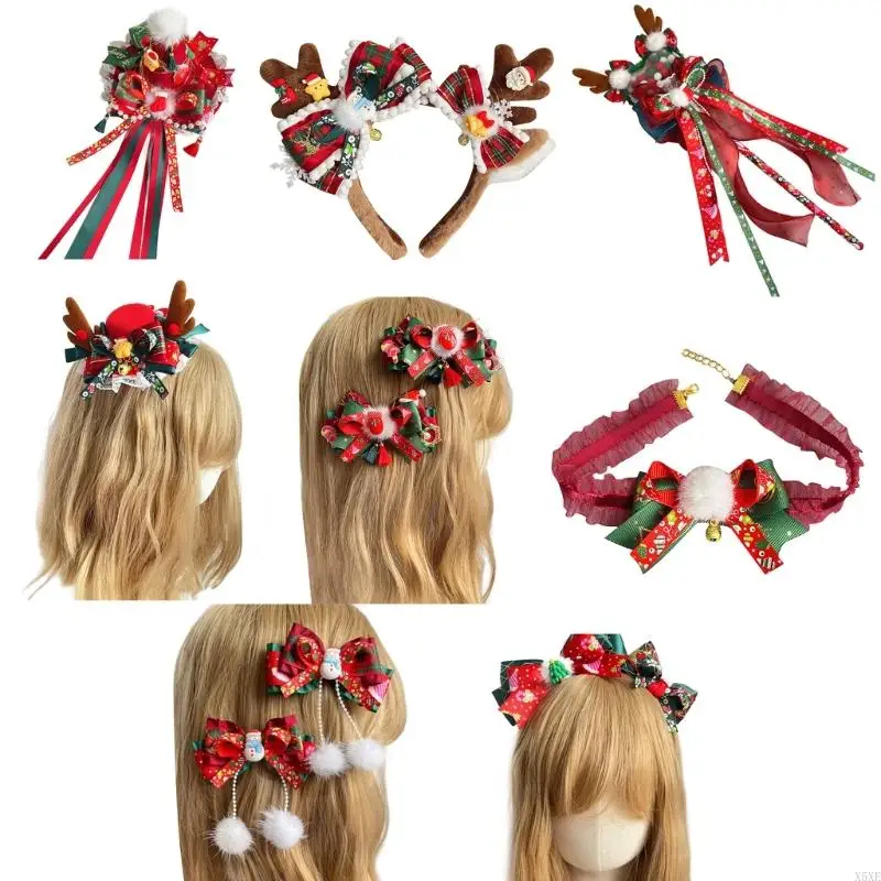 X5XE Christmas Lolitas Hair Clip with Hat /Deer Antler Embellishments Handmade Lolitas Hair Accessories for Little Girl Women