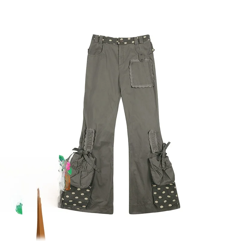 Falda gris de encaje a capas con cinturón y lunares, pantalones largos lavados, ropa de moda para mujer, primavera, verano, otoño e invierno