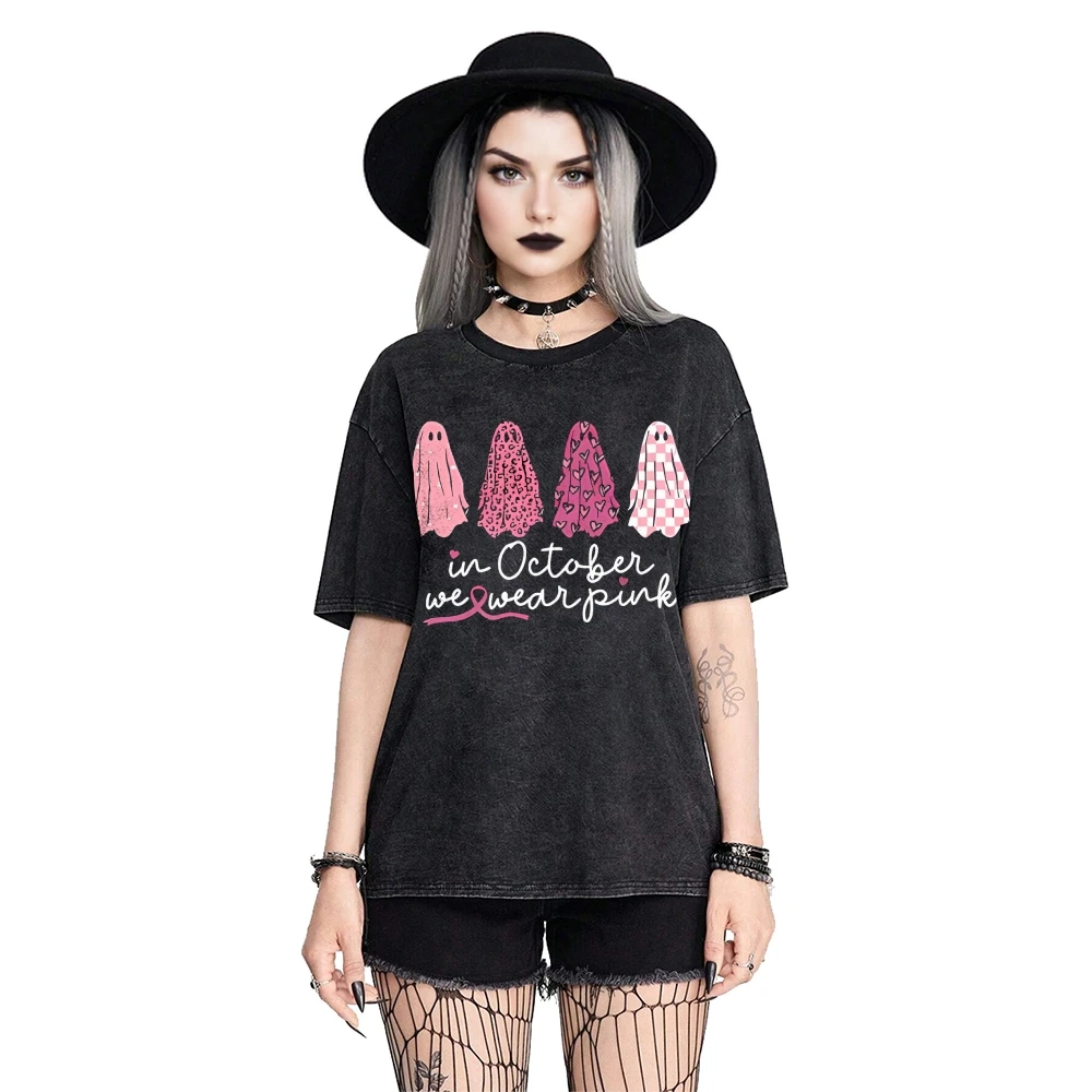 In ottobre Indossiamo una maglietta lavata con fantasma rosa Halloween T-shirt grafiche carine Moda O-Collo Manica corta Casual Top larghi unisex