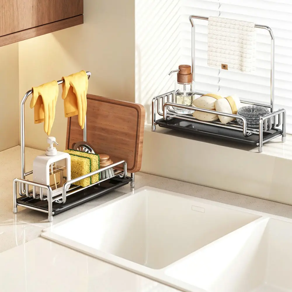 Modern Stainless Steel Kitchen Sink Rack For Sponge Dish Towel Storage Organizer Countertop Drying Shelf Tray Drainer Tool