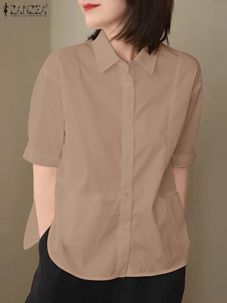 ZANZEA-camisas con botones para mujer, blusas informales holgadas de manga corta de Color liso, Tops con cuello de solapa, moda coreana, 2024