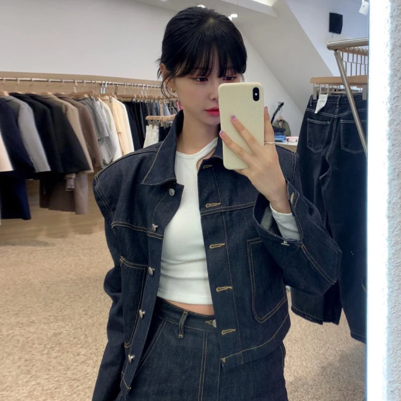 

Шикарный осенний винтажный джинсовый джинсовый комплект с длинным воротником-свеком и утягивающей юбкой с высокой талией для молодых женщин