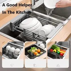 Multifunctional Kitchen Sink Drain Rack Retractable Stainless Steel Drain Basket Over The Sink Dish Drying Rack Accessories