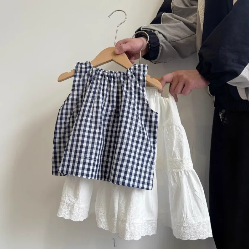 

2025 Summer New Girls Mori Cotton Plaid Shirt Doll Shirt Baby Girl Foreign Versatile Sleeveless Top Fashion