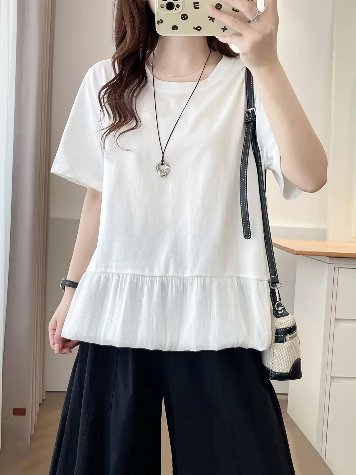 Summer New plus Size Women's T-irt Casual round Ne ort Sve Belly Covering Flower Bud Print Loose Fit Cotton Top