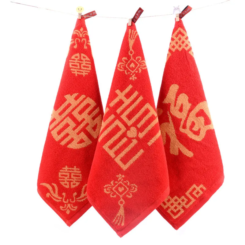 

1Pcs 35x35cm Chinese Style Wedding Cotton Square Scarf Bride Happy Gift Soft Red Hand Face Towel