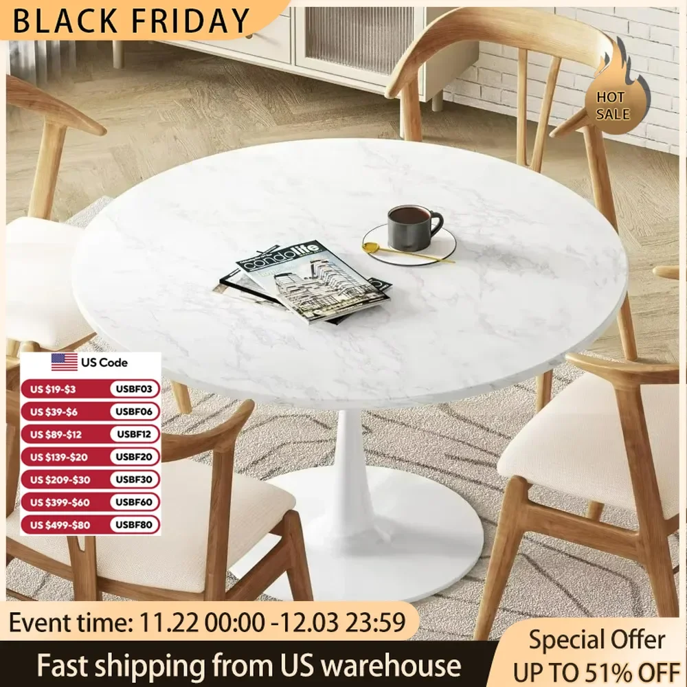 Marble Round Dining Table,2-4 People with MDF Table Top Pedestal Base,Mid-Century End Table Leisure Coffee Office Living Room