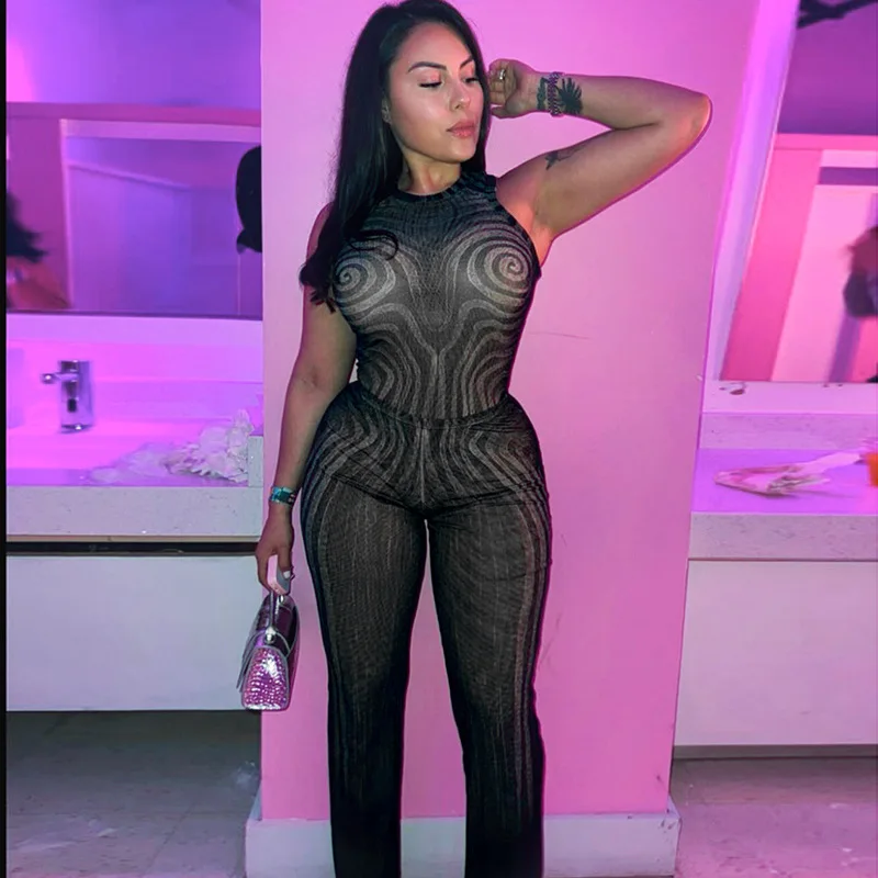 STILVOLLE DAME Geometrisch bedrucktes Sport-2-teiliges Set Damen Ärmelloser Body und Hosenanzüge mit weitem Bein 2025, Sommer-Sexy-Outfits