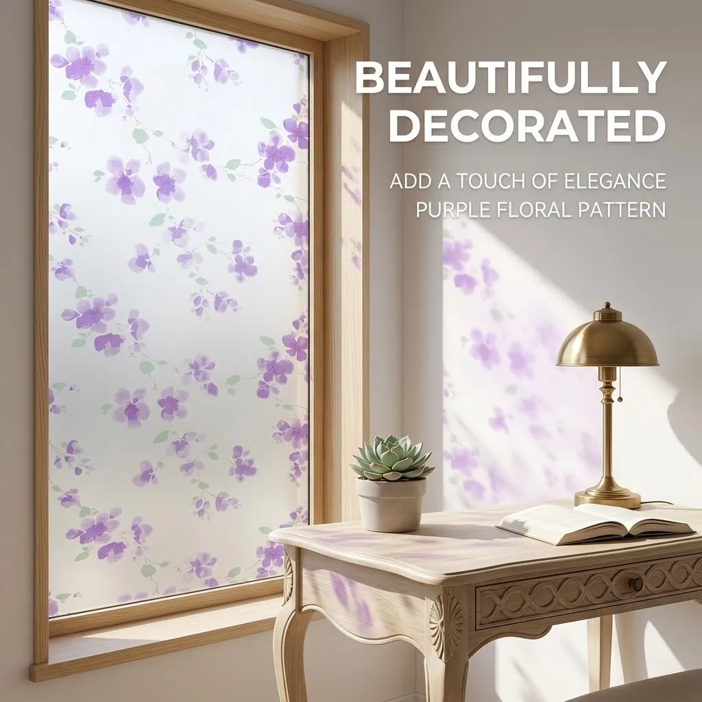Self‑Adhesive Purple Floral Frosted Window Film Decorative Flower Pattern Privacy Glass Sticker Anti‑Peep Window Decal for Home