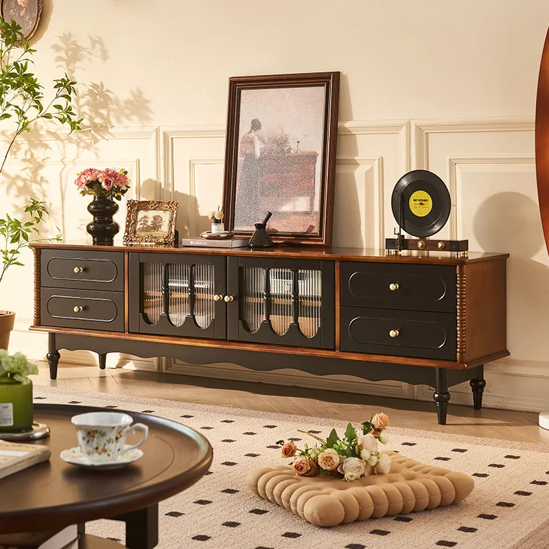 

French retro solid wood TV cabinet American living room double floor TV cabinet medieval four-bucket storage TV cabinet