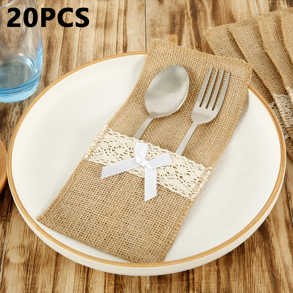 20Pcs Burlap Lace Cutlery Pouch Rustic Tableware Holder Bag Hessian Burlap Spoon Fork Cutter Organizer Table Decoration for