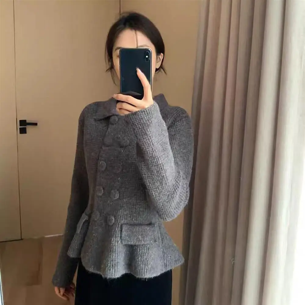 New Year's Premium Women's Knitted Sweater Sparkling Slimming Waist Flip Collar Double Button Autumn Winter Outerwear