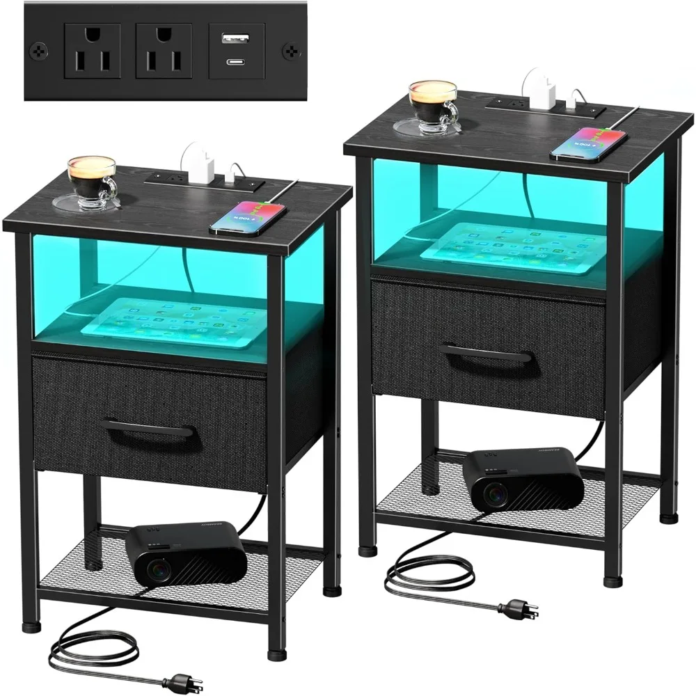 

Nightstands Set of 2 with Charging Station and Drawer, End Table Bedside Table with 20 Colors LED Light Strip and 2 Layers Shelf