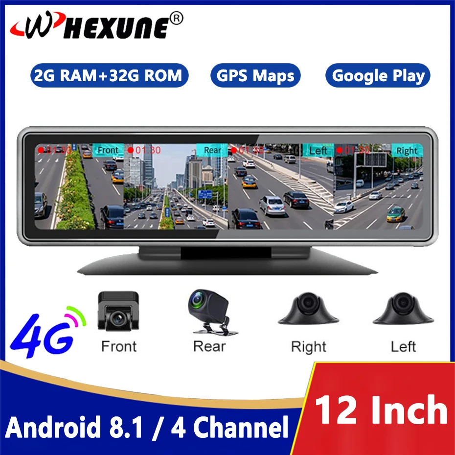 4G Video Recorder Android 8.1 Car DVR 4 Channel Lens Dashboard Camera FHD Rearview Mirror Dash Cam Auto Registrar GPS Navigation