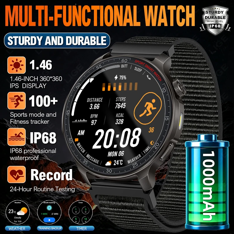 LIGE 1000mAh Battery Military Smart Watch Men LED Flashlight 1.46" Smartwatch 100 Sports Fitness IP68 Waterproof for Android iOS