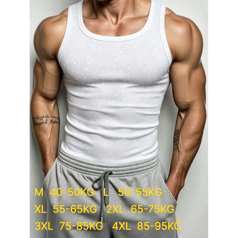 Herren-Ripp-Tanktops mit O-Ausschnitt aus Eisseide, elastisch, schmal geschnitten, glänzend, mit Pailletten, ärmellose Muskelshirts, Fitness-Laufshirts, bequem, atmungsaktiv – Detail 1