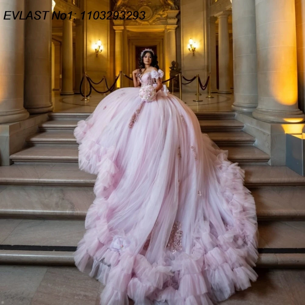 EVLAST Customized Shiny Pink Quinceanera Dress Ball Gown Lace Applique Beading Ruffles Corset Party Sweet 16 Dress 15 Años AQ434
