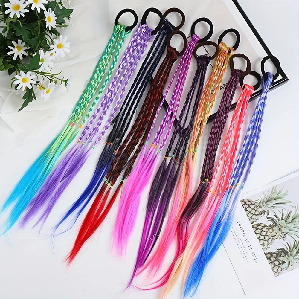 

10Pcs Colored Braids Hair Extensions With Rubber Bands，Girl Hair Extension Colorful Braided Wigs Ponytail Headbands Rubber Bands