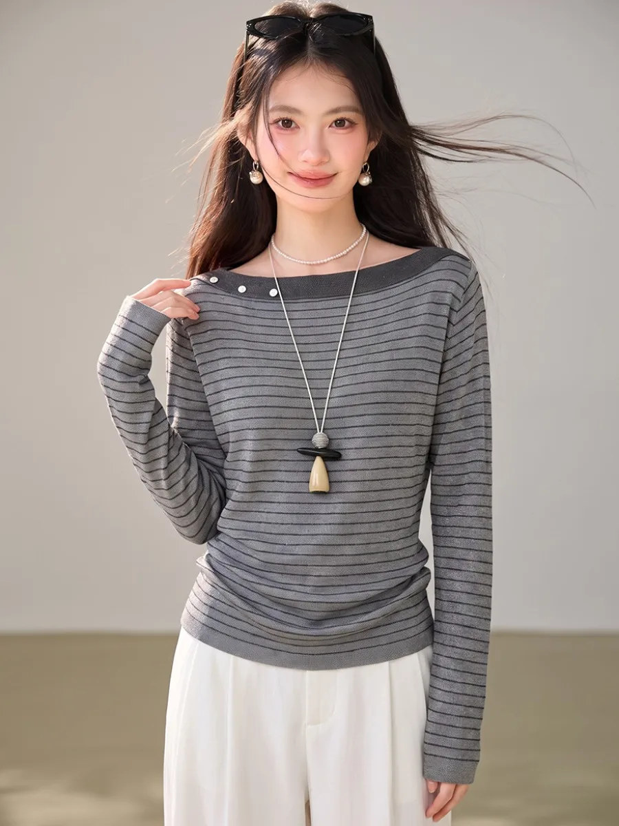 Color Block Long Sleeve Stripe T-Shirt Women's Waist Cinching Side Body Shape Slimming Base Shirt Sexy Shoulder Baring Top