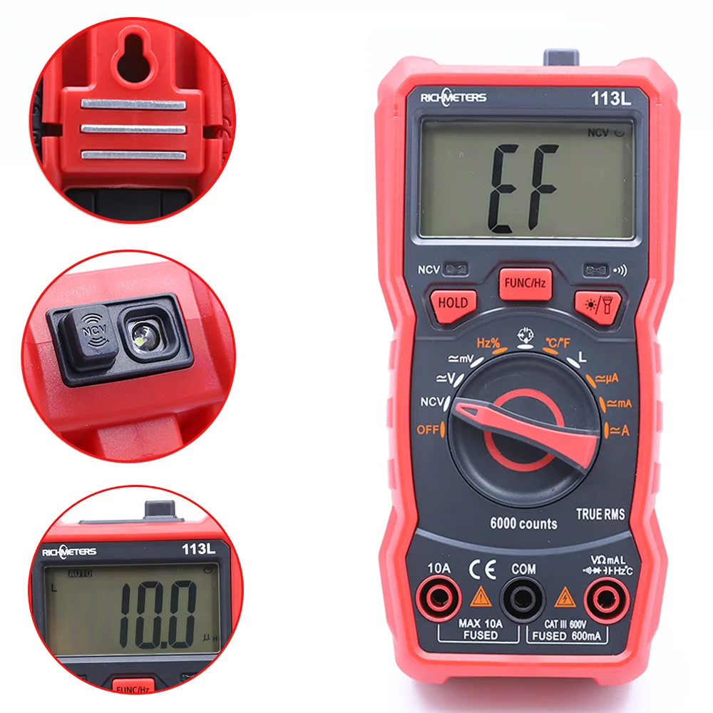 

RICHMETERS RM113L NCV Digital Multimeter 6000Counts auto Ranging AC/DC Voltage current Meter inductance Flash Back Light