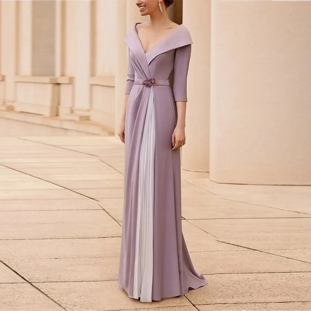 

Custom minimalist lapel V-neck floor-length gown with 7/8 sleeves. High waist design slims your figure, smooth fabric conceals f