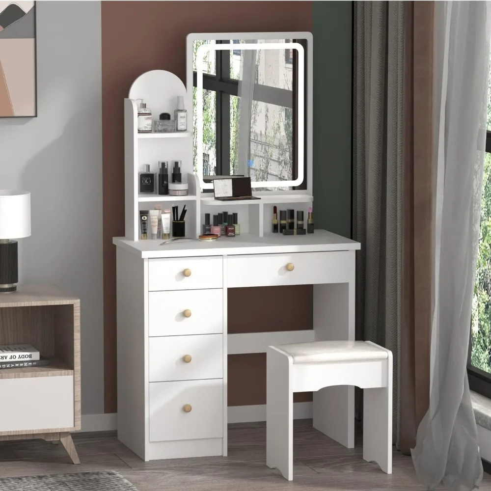 Vanity Desk Set with Lighted Mirror, Makeup Vanity Dressing Table with Shelves & Cushioned Stool, White,31.5