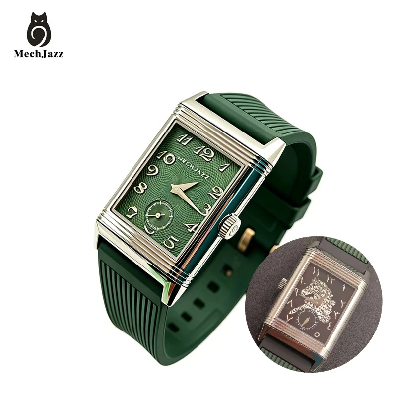 Mechanical Jazz Flip Case Mechanical Watch with Engraved Floral Dial and Sapphire Glass - Luxurious Men's Watch