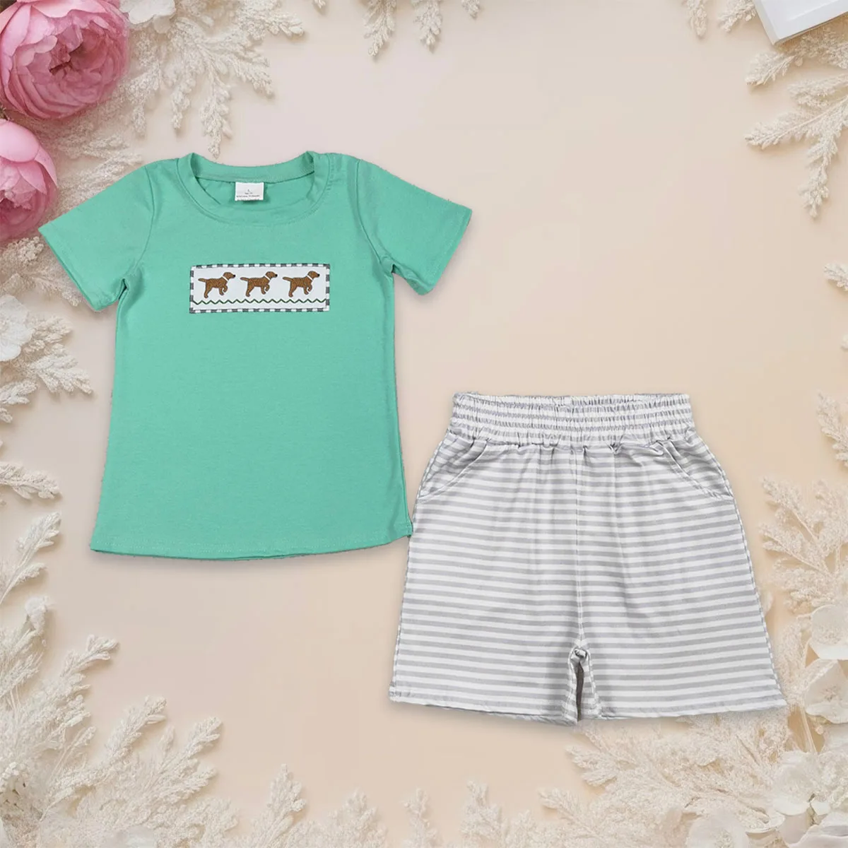 

Baby Boy Short Sleeve Clothes Set Embroidery Dogs Kids Top Stripe Pockets Shorts Infant Toddler Outfits Children Clothing