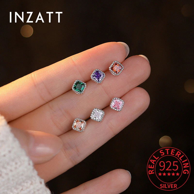 INZATT Trendy Real 999 Sterling Silver Zircon Square Piercing Screw Ball Bead Stud Earrings for Women Classic Fine Jewelry