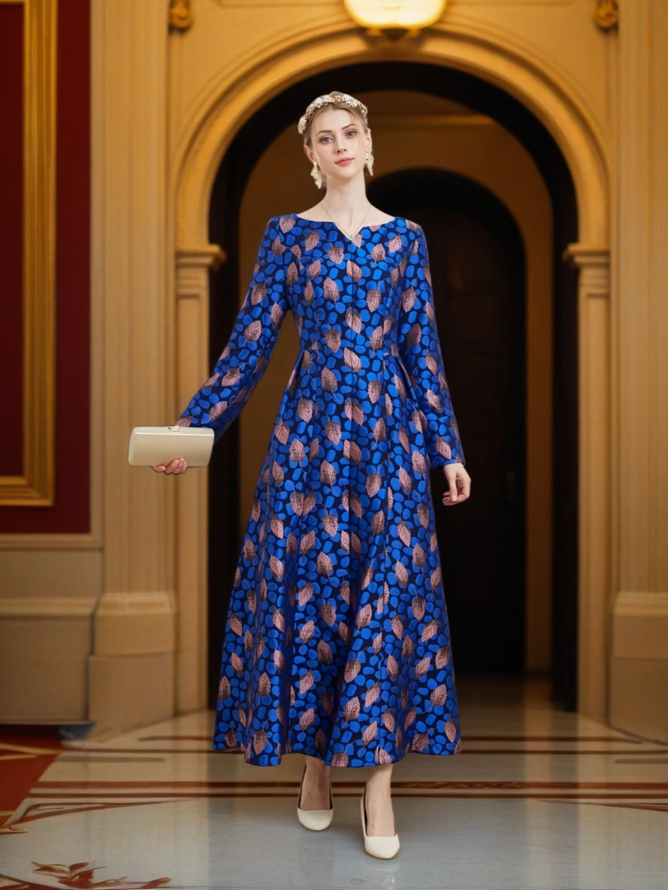 Schweres Jacquard-Kleid in französischer Eleganz mit tailliertem, schlankmachendem A-Linien-Kleid für Hochzeitsfeiern und Bankette