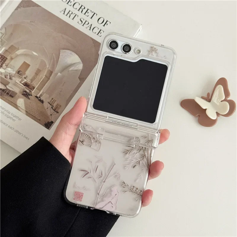 Chinese Style Bamboo Leaves Phone Case for Samsung Galaxy Z Flip6 4 3 Hard Cover for ZFlip3 Zflip4 Zflip5 Solid Shell Bracket