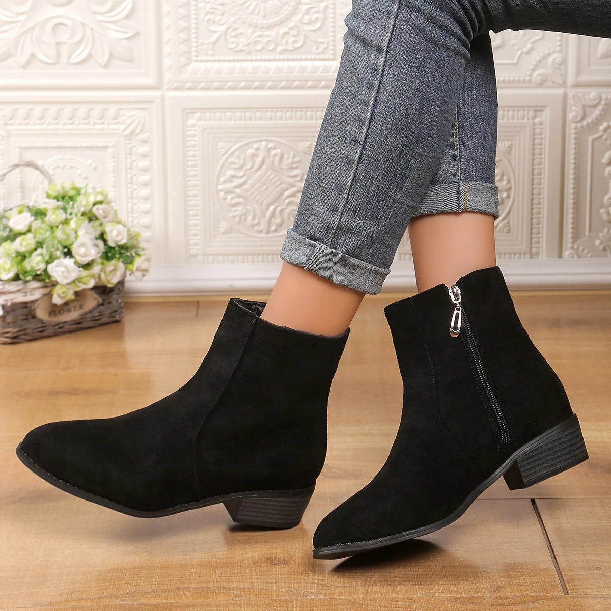 

Ankle Bootie Autumn and Winter Fashion Flannel Shoes Zipper Women's Suede Thick Heel Short Boots