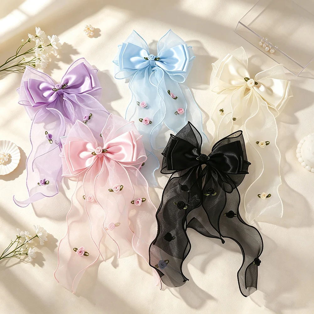 Sweet Fairy Tulle Satin Bow Hair Clip Embroidered Rose Long Wavy Streamer Hair Barrettes Girls Birthday Party Hair Accessories