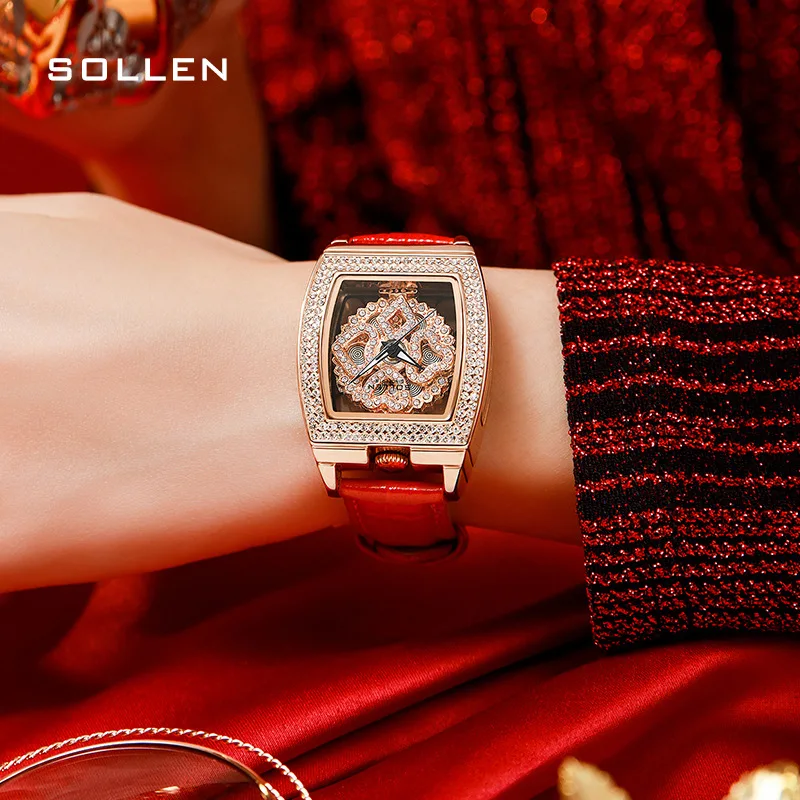 SOLLEN Luxury Diamond Rose Gold Watches Fashion Red Leather Strap Skeleton Watch High Quality Women Watch Waterproof Reloj Mujer