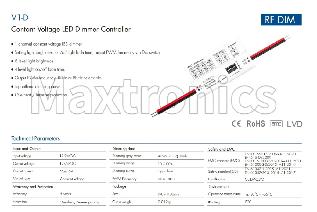 Skydance V1-D Constant Voltage Mini Dimmer Controller 12-24VDC PWM Frequency Via Dip Switch for Single Color LED Strip Lights