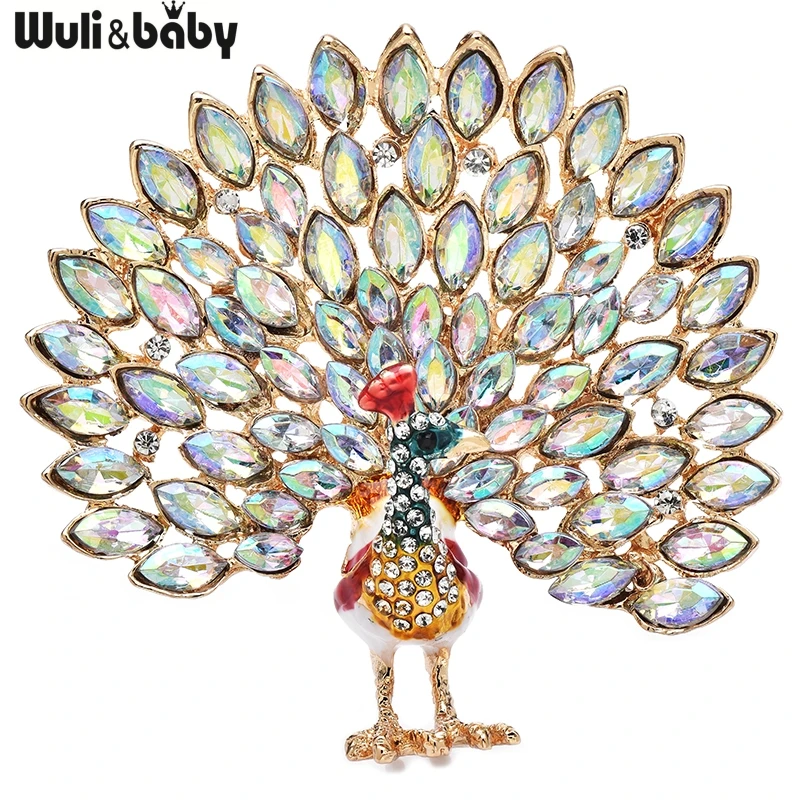 Wuli&baby Large Sparkling Peacock Brooches For Women Unisex 3-color Rhinestone Beautiful Bird Party Office Brooch Pins Gifts