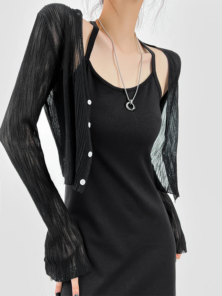 

Black Textured Ice Silk Sun Protection Knitted Cardigan Women's Thin Summer Strap Dress Outer Cover Spring Autumn Knitwear