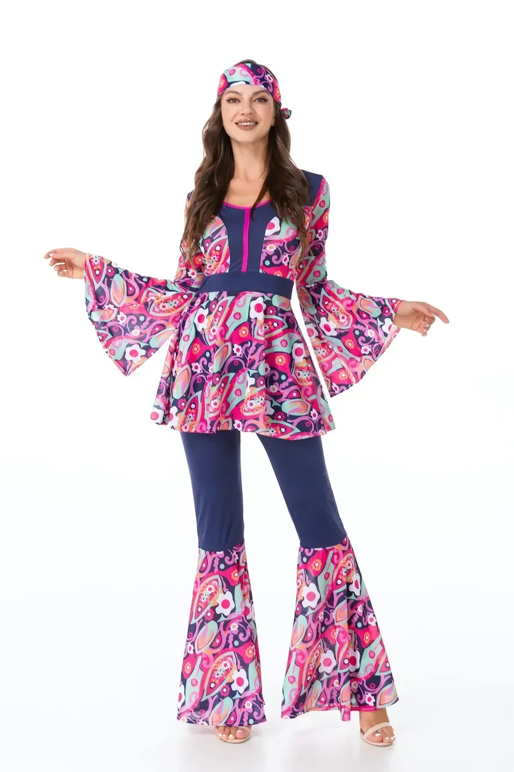 Hippie 60s 70s traje de discoteca para mulheres homens cosplay floral impressão calças superiores retalhos terno bandana conjunto feminino fantasia vestir-se