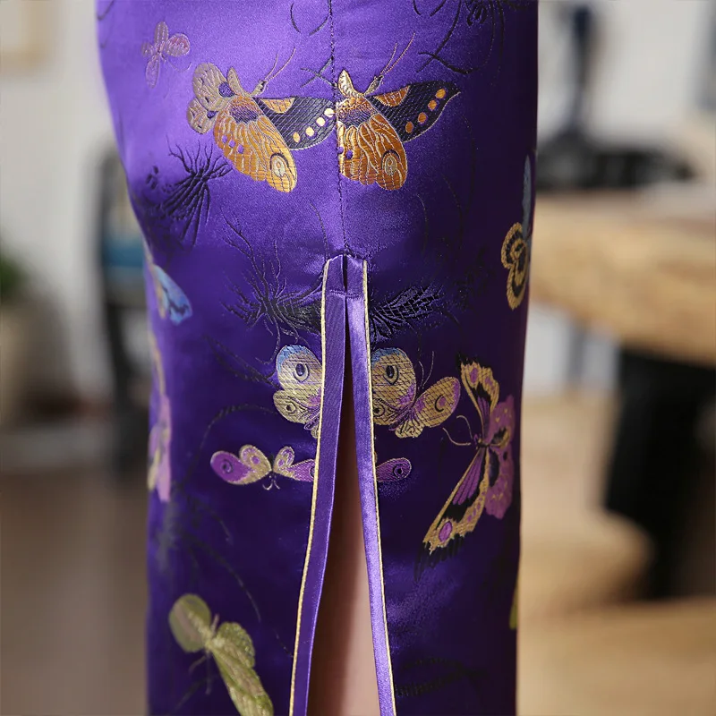 Short Sleeve Long Qipao Purple Brocade Satin Cheongsam Female Sexy Butterfly Flower Qipaos Chinese Style Banquet Gown Vestidos