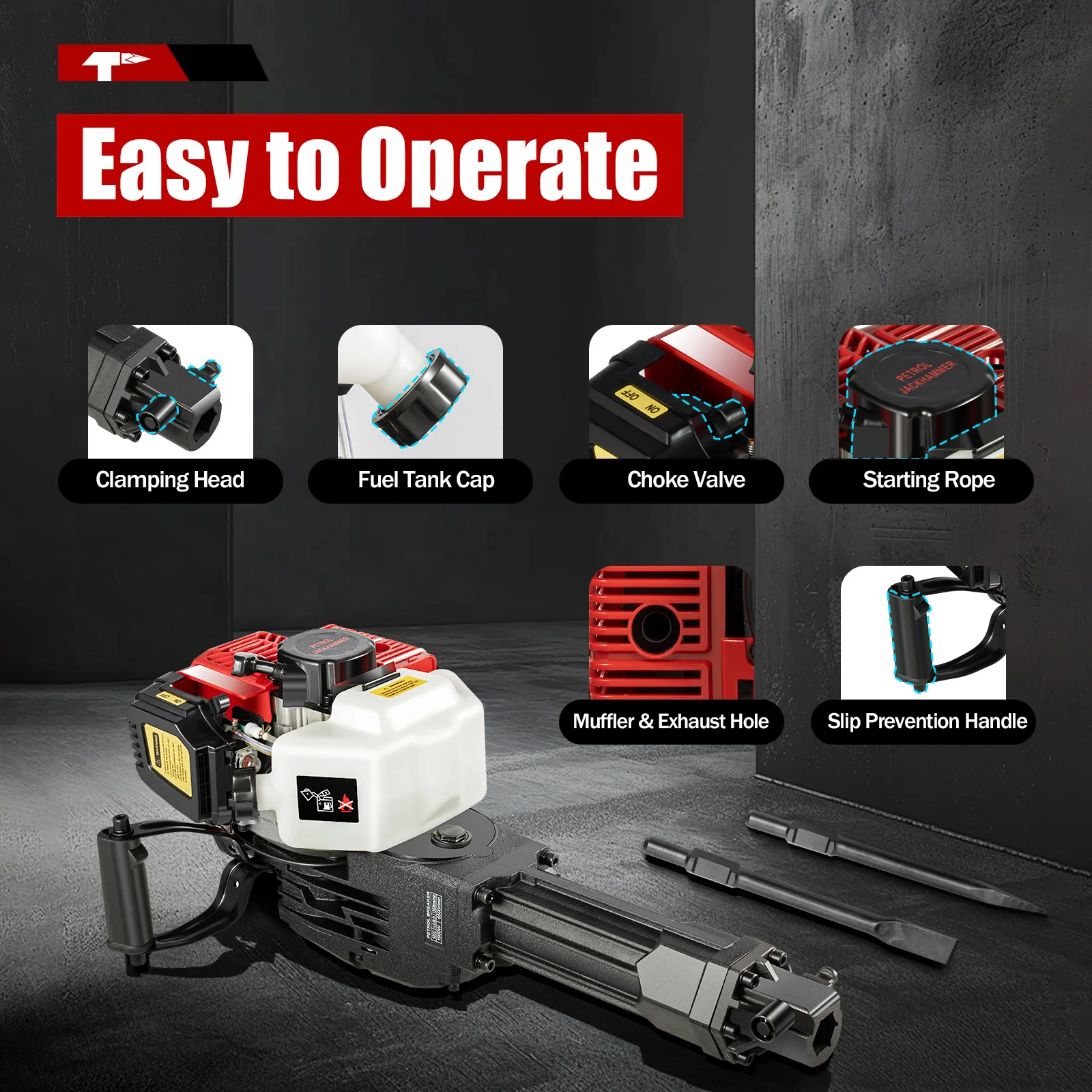 2-Stroke 52CC Demolition Jack Hammer with Point Chisel and Flat Chisel, 1900W Chisel Hammer Chisel Professional Set