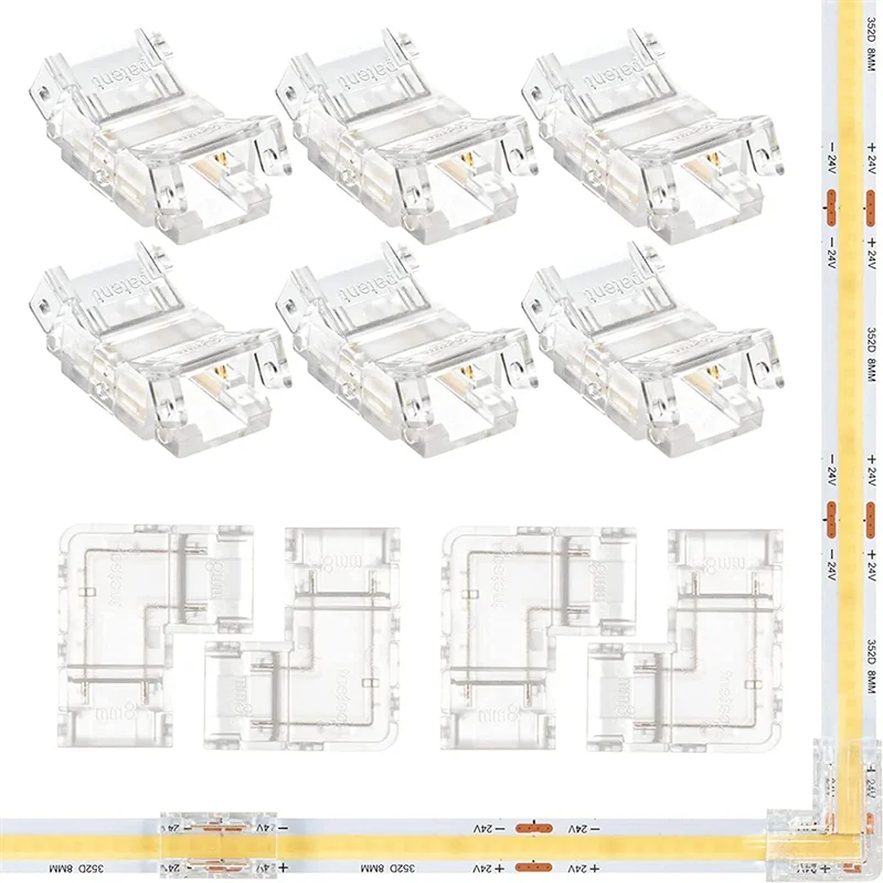 Cob LED Connector Kit, Luzes LED Strip, 2 pinos, 8mm, 10pcs