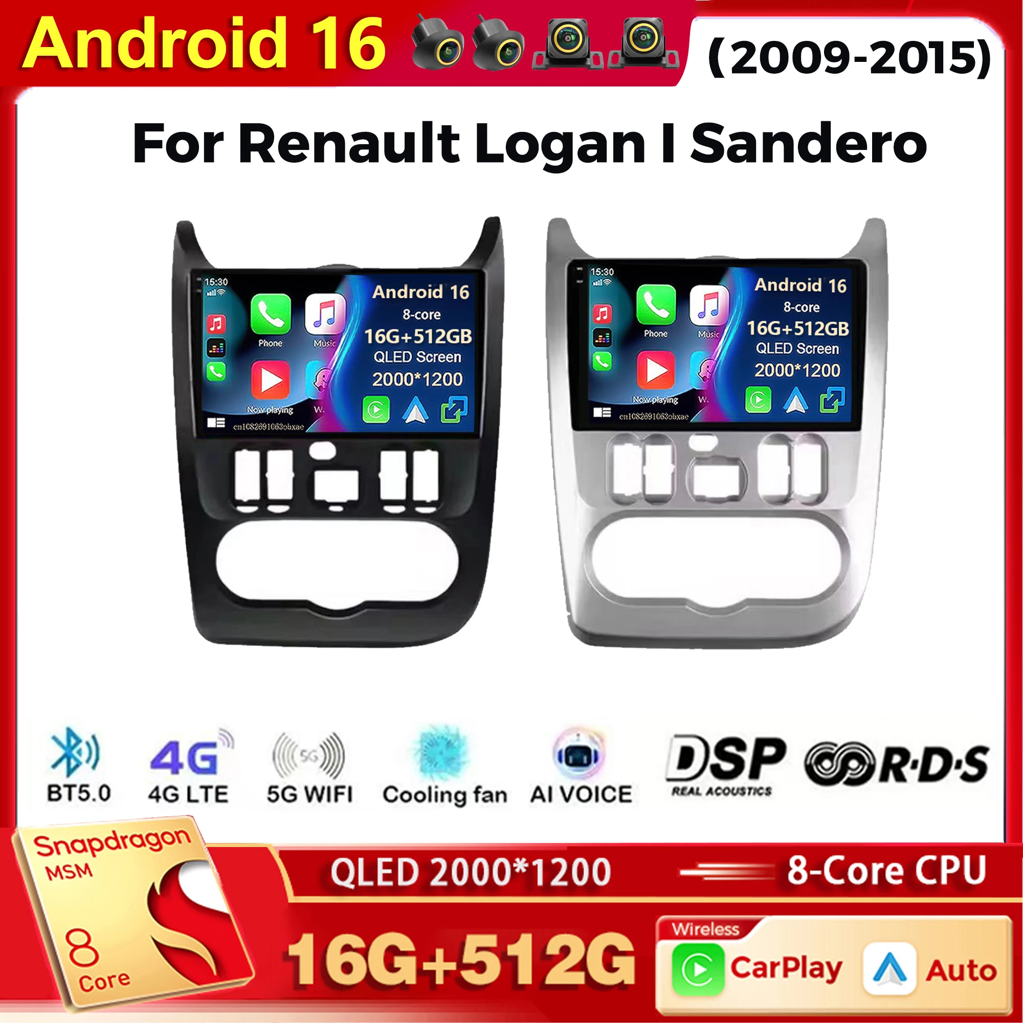 Android 15 rádio do carro reprodutor multimídia para renault logan i sandero 2009-2015 auto carplay estéreo do carro dsp wifi + 4g ai voz 2 din