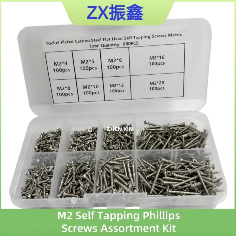 

800pcs Flat Head Wood screws Assortment kit Phillips Tips screw set M2x4mm-20mm Self-tapping Screws Wood Screw